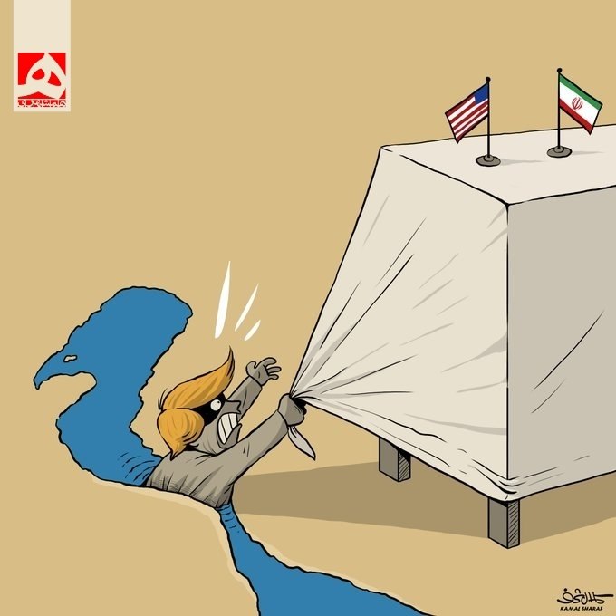 دست و پا زدن ترامپ برای بازگشت به میز مذاکره با ایران در اثر جدید کمال شرف کاریکاتوریست مطرح یمنی