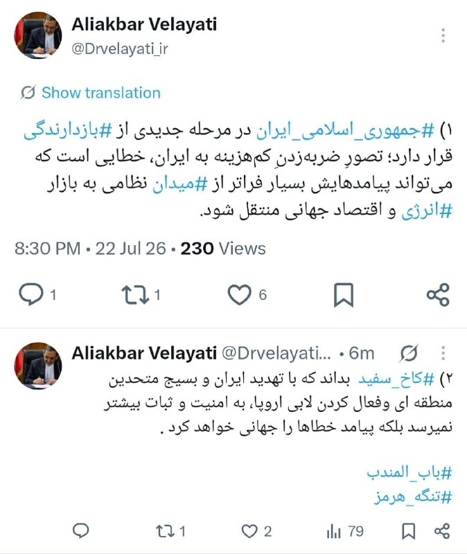 ولایتی: تصورِ ضربهزدنِ کمهزینه به ایران، خطایی است که میتواند پیامدهایش بسیار فراتر از میدان نظامی به بازار انرژی و اقتصاد جهانی منتقل شود