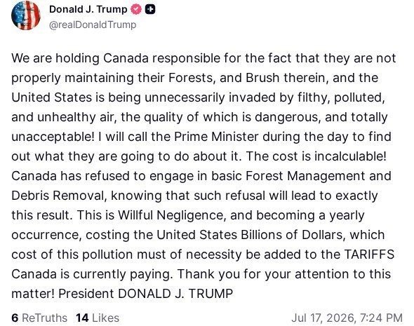 Trump: We hold Canada responsible for not protecting forests