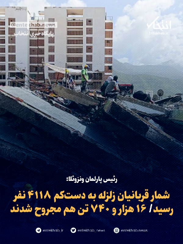 رئیس پارلمان ونزوئلا: شمار قربانیان زلزله ۴۱۱۸ نفر و مجروحان ۱۶ هزار و ۷۴۰ نفر