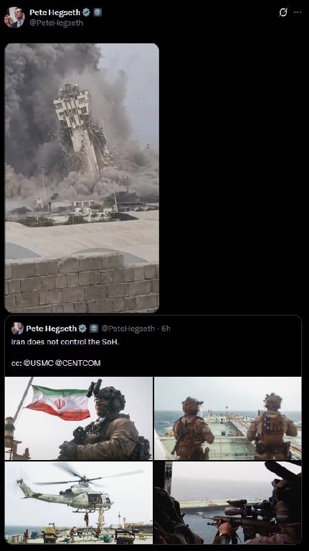 US Secretary of War released images of complete destruction of Chabahar maritime control tower and seizure of an Iranian oil tanker