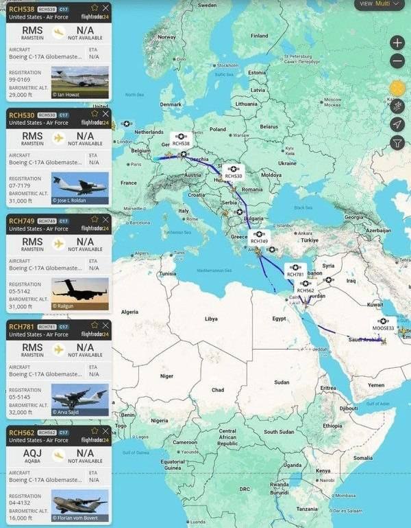 Ten US Transports Moving from German Bases Towards the Middle East