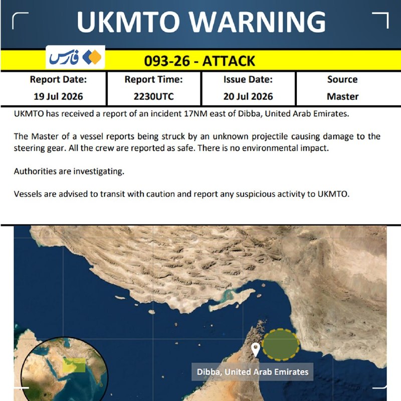 UKMTO reports unknown projectile hit ship near UAE