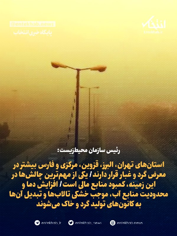 تهران و ۴ استان دیگر در معرض گردوغبار/ مهمترین چالش کمبود منابع مالی «شینا انصاری» رئیس سازمان محیط زیست