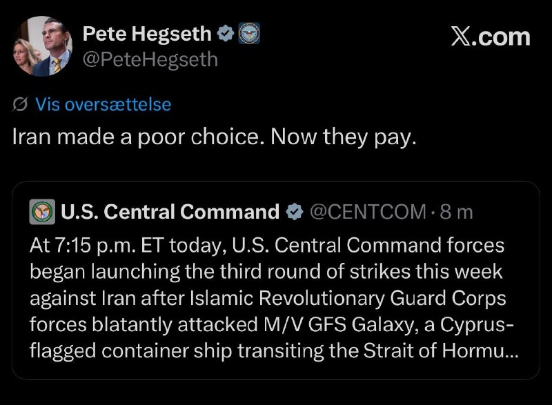 US Defense Secretary Pete Hegseth: Iran made wrong decision