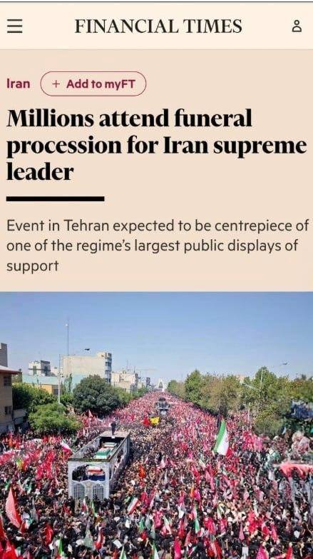 Financial Times: Ayatollah Ali Khamenei's Funeral Among Largest Contemporary Farewells