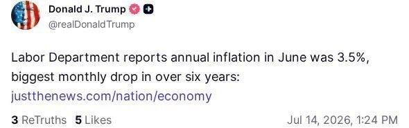 Trump: Annual Inflation Rate in June Was 3.5 Percent