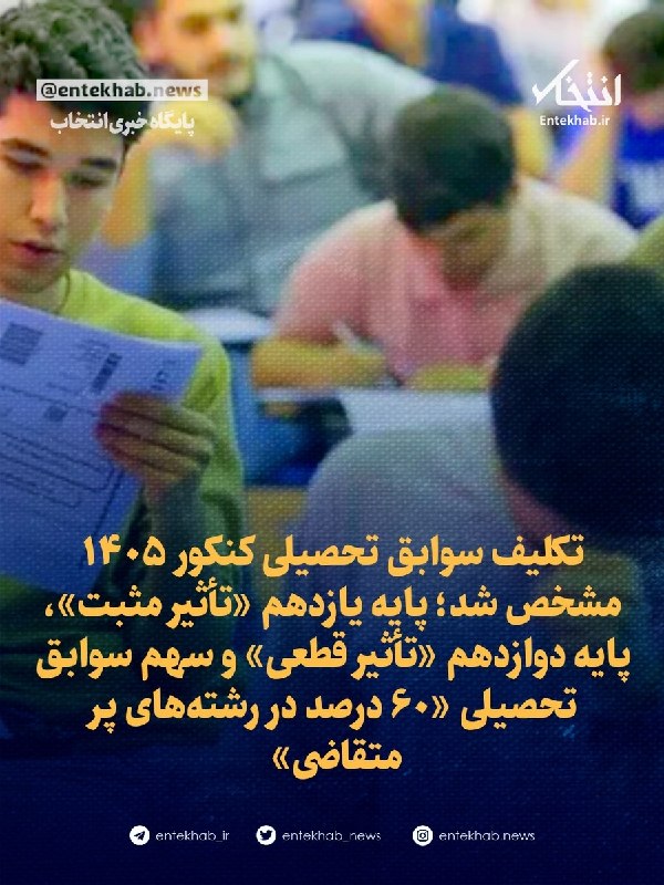 تکلیف سوابق تحصیلی کنکور ۱۴۰۵ مشخص شد؛ پایه یازدهم «تأثیر مثبت»، پایه دوازدهم «تأثیر قطعی» و سهم سوابق تحصیلی «۶۰ درصد در رشتههای پر متقاضی» 