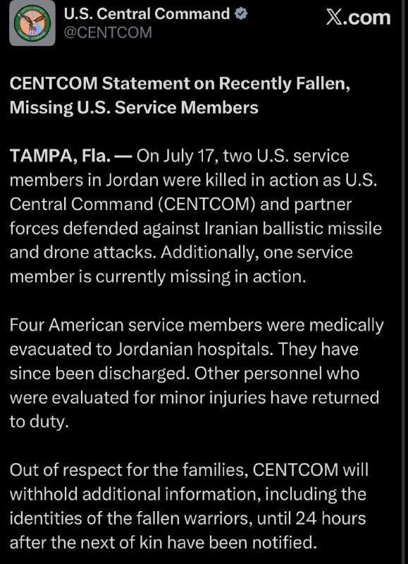 CENTCOM issued a statement on recent US military casualties and missing personnel