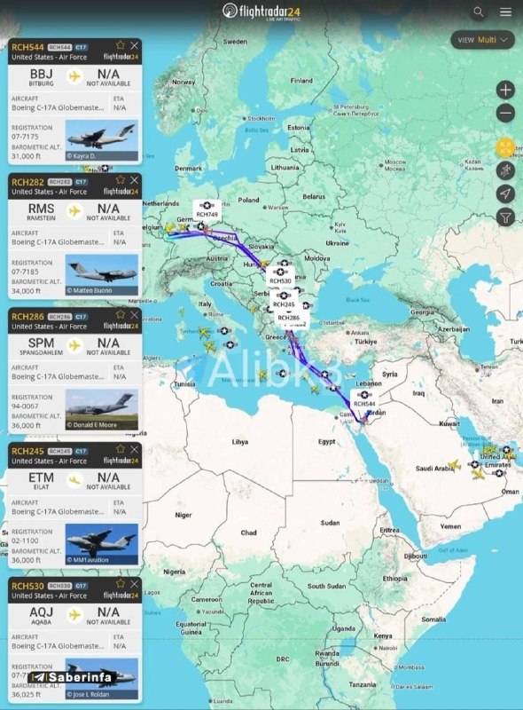 Heavy traffic of US C-17 aircraft from various US bases reported