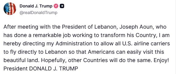 Donald Trump: I ordered the government to allow all US airlines to resume direct flights to Lebanon
