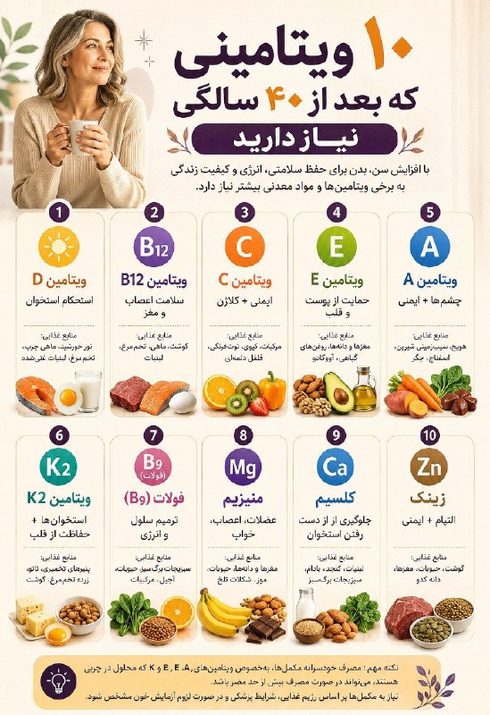 ۱۰ ویتامینی که بعد از ۴۰ سالگی نیاز دارید