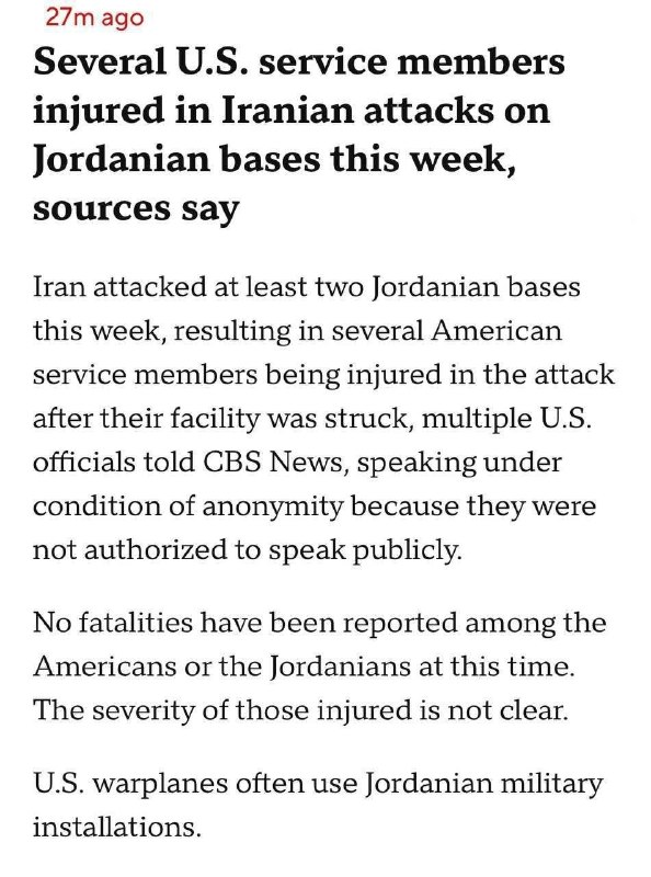 CBS News: Several US military personnel injured in Jordan in Iranian attack