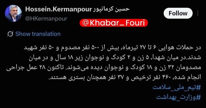 Head of Public Relations Center of Ministry of Health: 50 killed and 500 injured in US attacks
