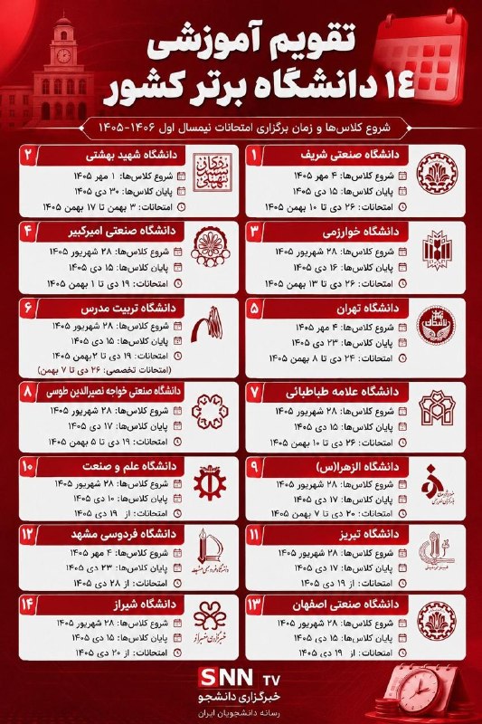 تقویم آموزشی ۱۴ دانشگاه کشور