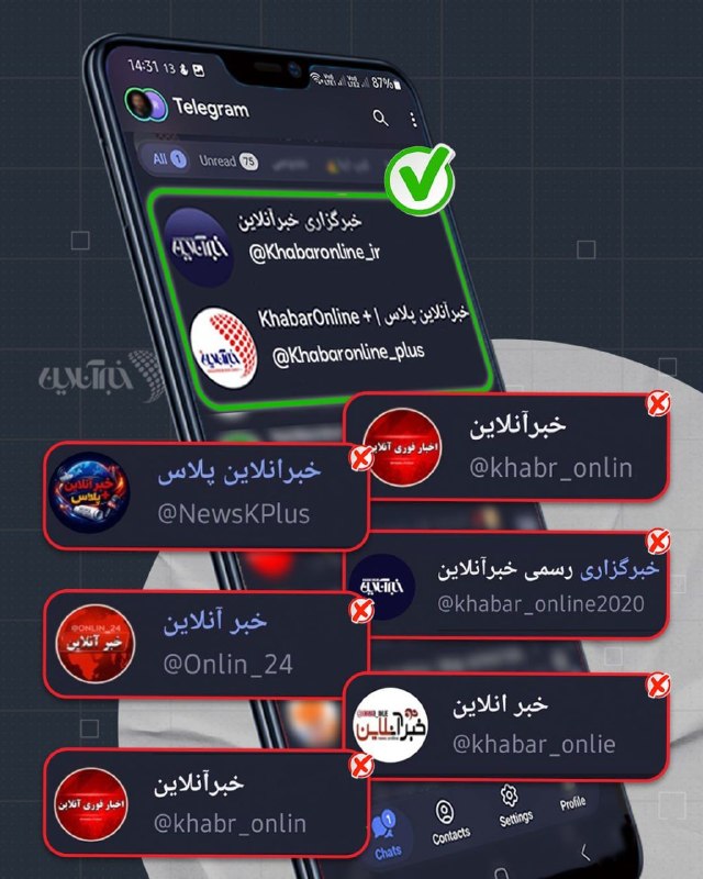 شبکههای اجتماعی خبرآنلاین با این نشانیها در پلتفرمهای مختلف حضور داریم، هرگونه تشابه اسم یا کپی لوگو، خلاف اخلاق رسانهای و غیرقانونی است!