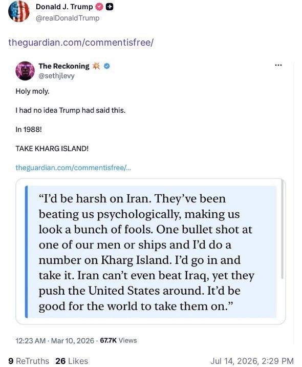 Donald Trump Republished His Delusion Regarding Kharg Island