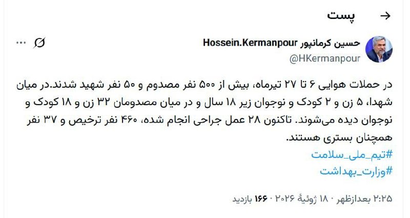 Ministry of Health Spokesperson: Over 500 Injured and 50 Died in Air Attacks from July 6 to 18