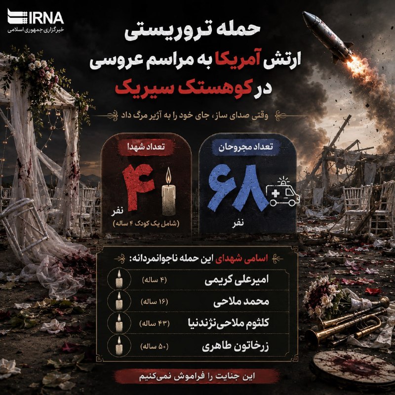 📋 | شامگاه دهم شهریورماه، هلهلههای شادمانه اهالی کوهستک سیریک در هرمزگان در آستانه پیوندی مقدس، با غرشی سهمگین درهم شکست و بزم عروسی را در چشمبرهمزدنی به ماتمکدهای خونین بدل