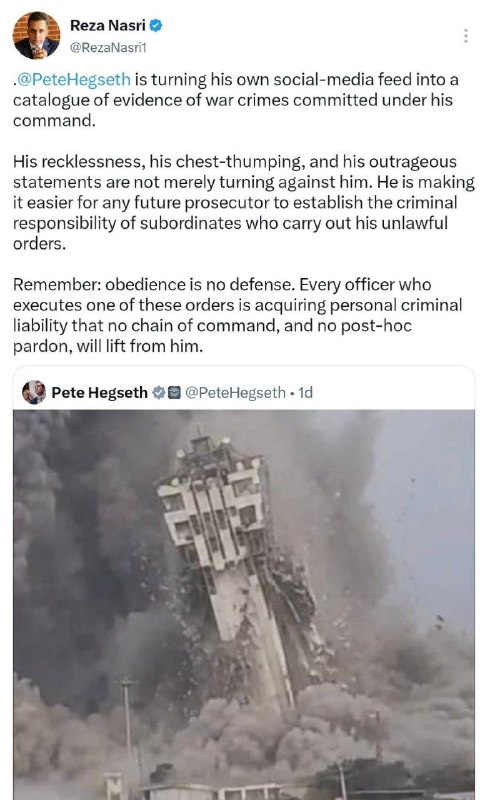 Reza Nasri commented on Trump's Secretary of War's confessions