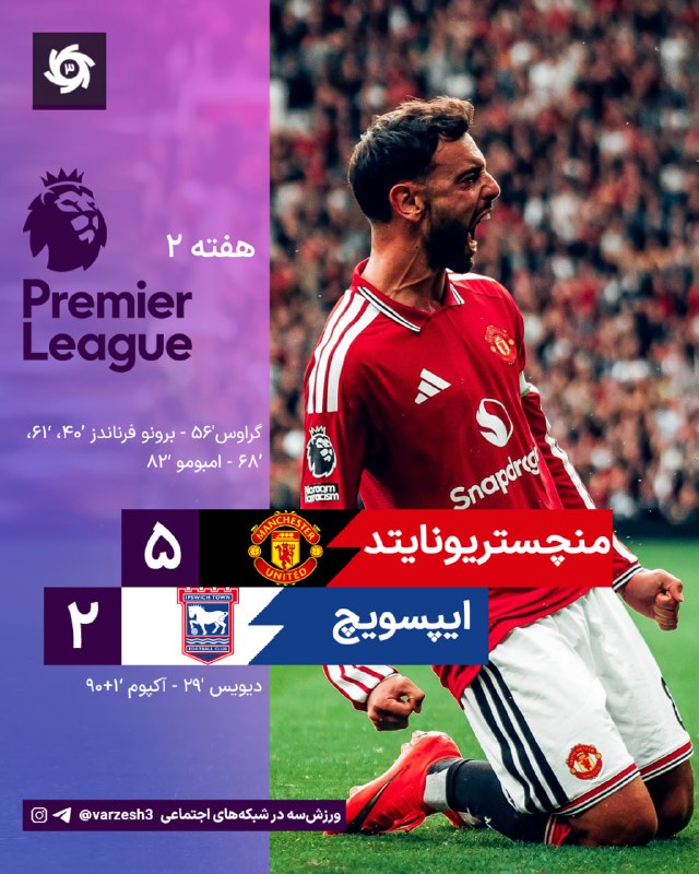 +اشتباه مارتینز؛ ⚽ 🏴 گل دوم ایپسویچ | آکپوم '1+90 منچستریونایتد 5 - ایپسویچ 2 هفته اول را شست بُرد!