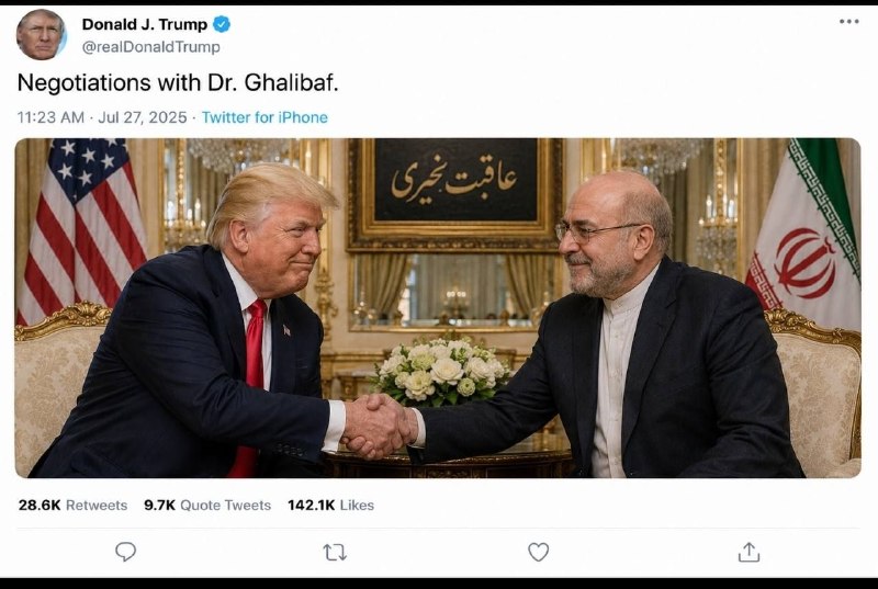 🔍 تصویری از صفحه ترامپ در تروثسوشال با محتوای دیدار قالیباف و ترامپ ساختگی است و چنین پستی وجود ندارد